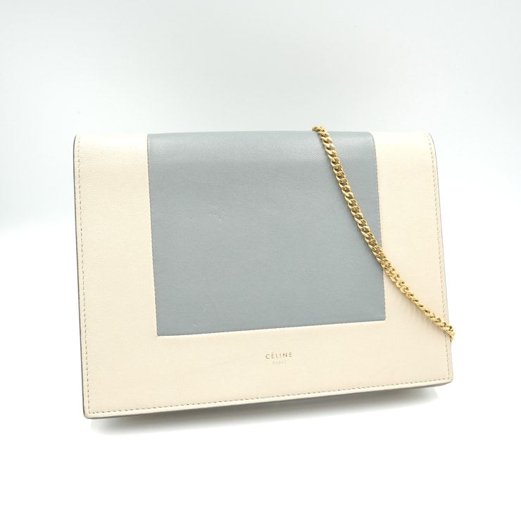CELINE(セリーヌ)フレーム イブニング チェーンウォレット ショルダーバッグ レザー ベージュ×ブルー ゴールド金具 レディース U-SD-0168【中古】