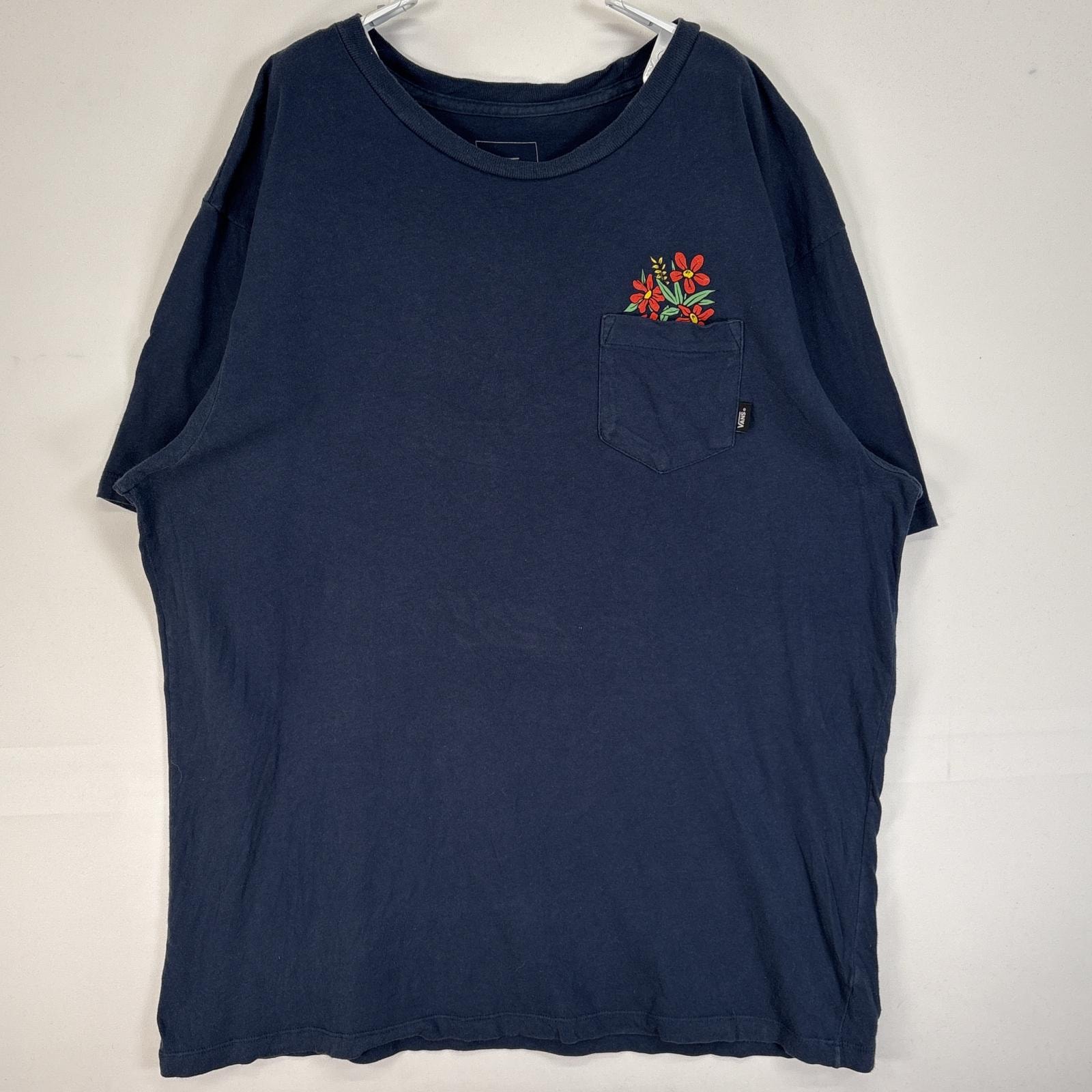 古着 バンズ VANS 半袖Tシャツ 胸ポケ 花 スカル プリント クルーネック スケボー L  ネイビー メンズ