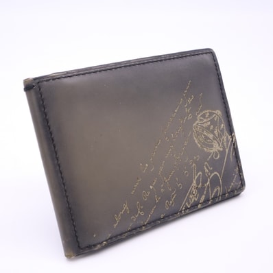 Berluti ベルルッティ スクリットレザー 二つ折りマネークリップ - マネークリップ グレー ブラック カーフレザー メンズ