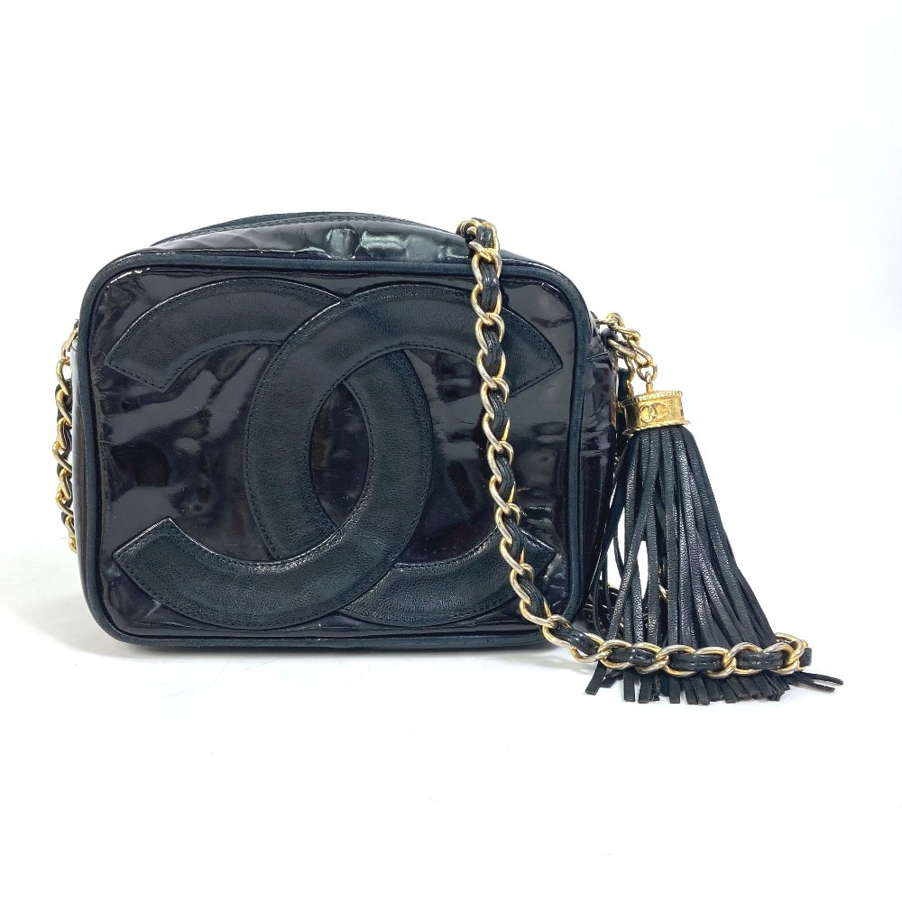 シャネル CHANEL ポシェット タッセル CC  ココマーク カバン フリンジ チェーン 斜め掛け ショルダーバッグ エナメル ブラック