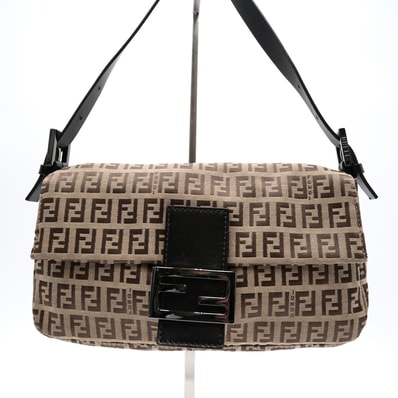 FENDI(フェンディ)ズッキーノ マンマバケット ヴィンテージ ショルダーバッグ ベージュ×ブラウン キャンバス レザー シルバー金具【中古】