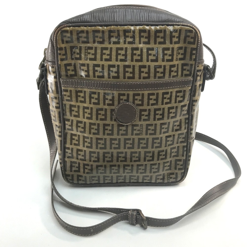 フェンディ FENDI ズッカ FF柄 ロゴ ヴィンテージ カバン ポシェット 斜め掛け ショルダーバッグ ビニール/レザー ベージュ×ブラウン