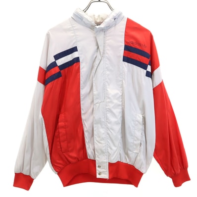 adidas アディダス 80s ヴィンテージ 万国旗タグ トレフォイルロゴプリント ナイロンジャケット S グレー×レッド 裏メッシュ