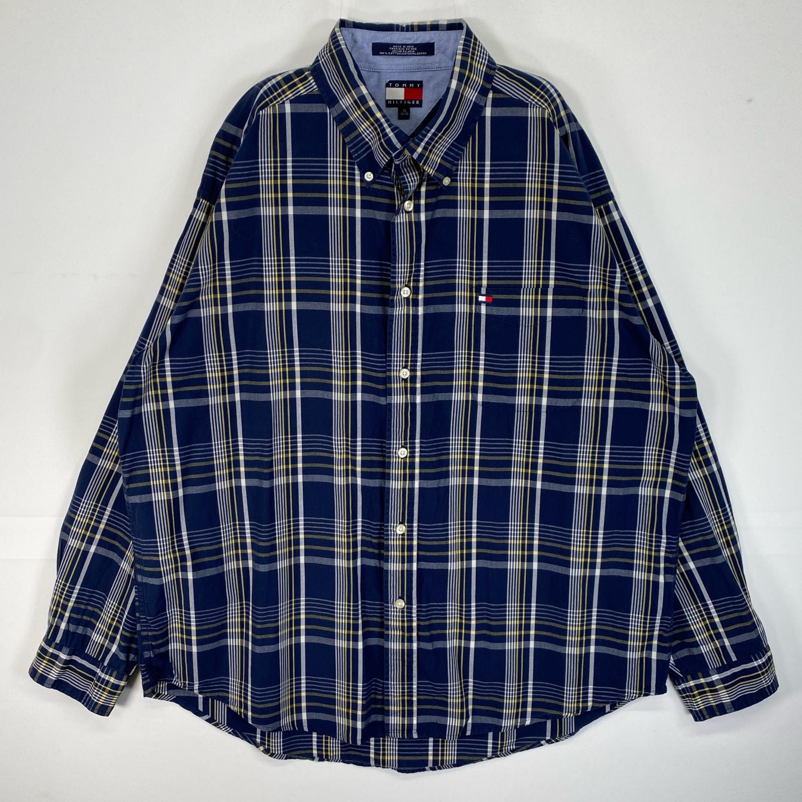 古着 トミーヒルフィガー TOMMY HILFIGER 長袖シャツ ロゴ 刺繍 チェック 胸ポケ XL  ネイビー系 マルチカラー メンズ