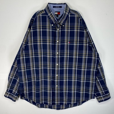 古着 トミーヒルフィガー TOMMY HILFIGER 長袖シャツ ロゴ 刺繍 チェック 胸ポケ XL ネイビー系 マルチカラー メンズ