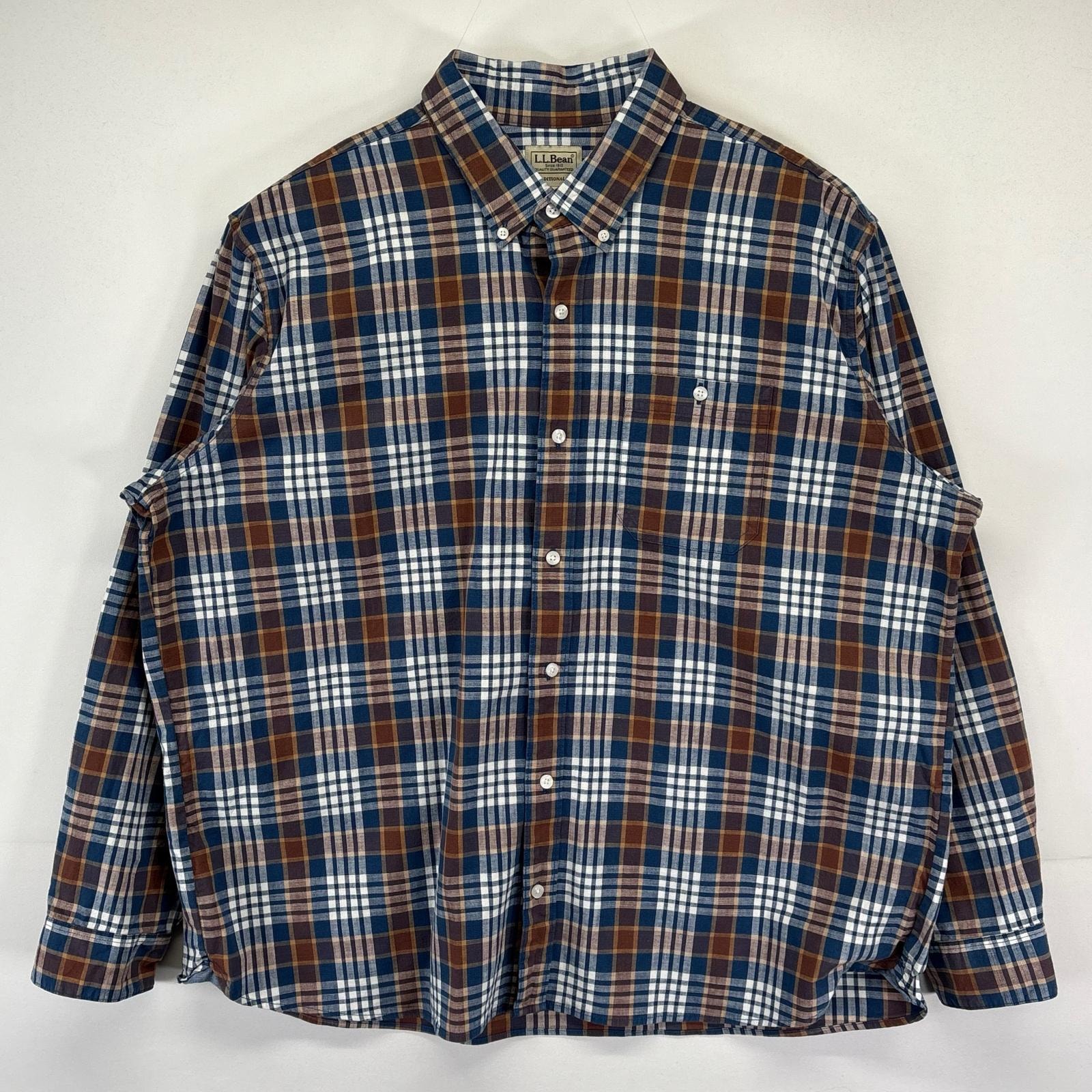 古着 エルエルビーン L.L.Bean 長袖シャツ 大きいサイズ チェック柄 ボタンダウン 胸ポケット アウトドア XL  ブルー系 メンズ