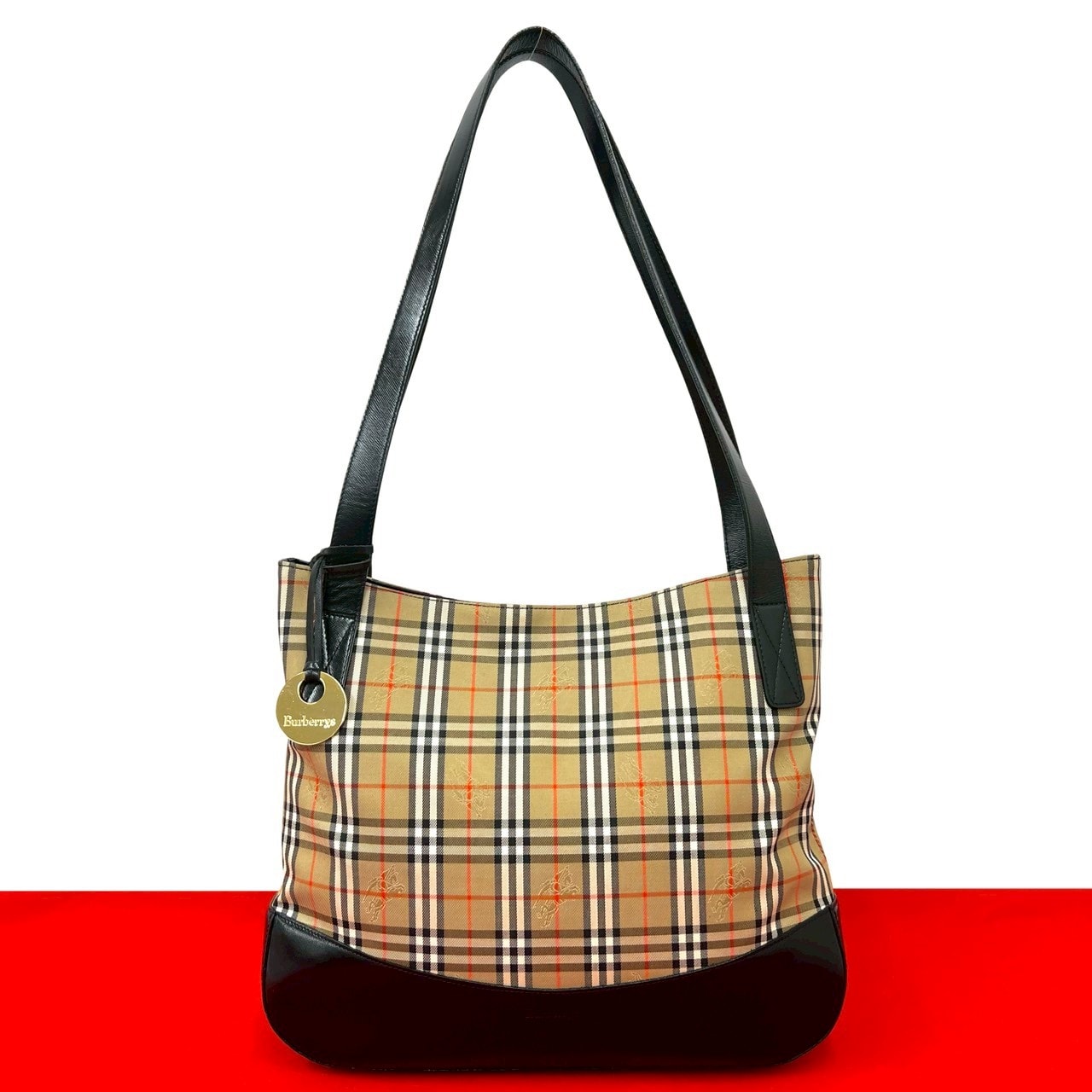 BURBERRY バーバリー ノバチェック 柄 キャンバス レザー トートバッグ ブラック
 32379