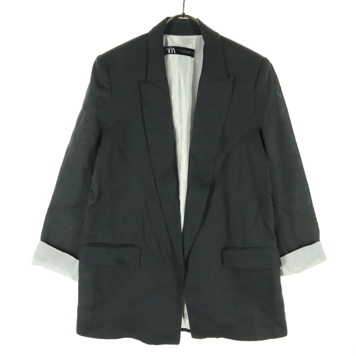 美品 ZARA ザラ リネン 7分袖 ボタンレス 薄手 テーラードジャケット M グレー