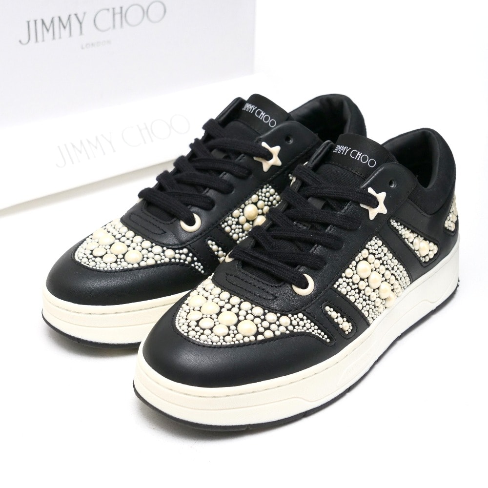 ■美品■JIMMY CHOO ジミーチュウ HAWAII/F スニーカー サイズ37 コアコレクション ローカット パール装飾 レザー 靴 ブランド古着【中古】20250516/RA4790