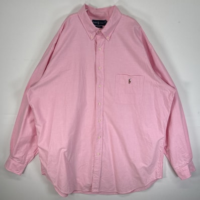 古着 90's/90年代 ラルフローレン RALPH LAUREN 長袖シャツ オックスフォード ボタンダウン 大きいサイズ 肉厚 ロゴ 刺繍 2LT ピンク 無地 メンズ