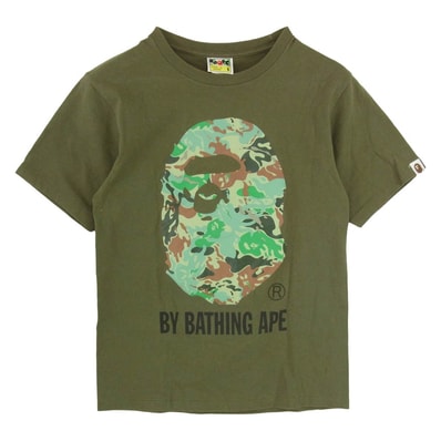 A BATHING APE アベイシングエイプ CAMO BIG FACE 迷彩 カモ柄 大猿 プリント Tシャツ 半袖カットソー カーキ系 S【中古】