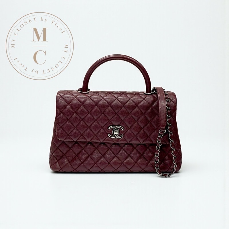 シャネル CHANEL ハンドバッグ キャビアスキン ボルドー シルバー マトラッセ ココハンドル ガンメタリック ターンロック ショルダーバッグ