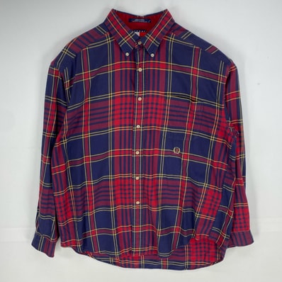 古着 90's/90年代 トミーヒルフィガー TOMMY HILFIGER 長袖シャツ ボタンダウン ワンポイント 胸ポケット XL レッド系 メンズ
