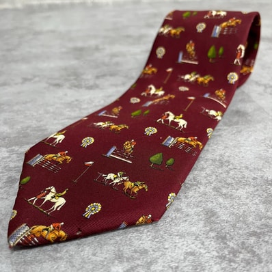 【Christian Dior】クリスチャンディオール ネクタイ 馬 ウマ ホース 乗馬 馬術競技 障害飛越 ロゼット 総柄 ボルドー ワインレッド メンズ