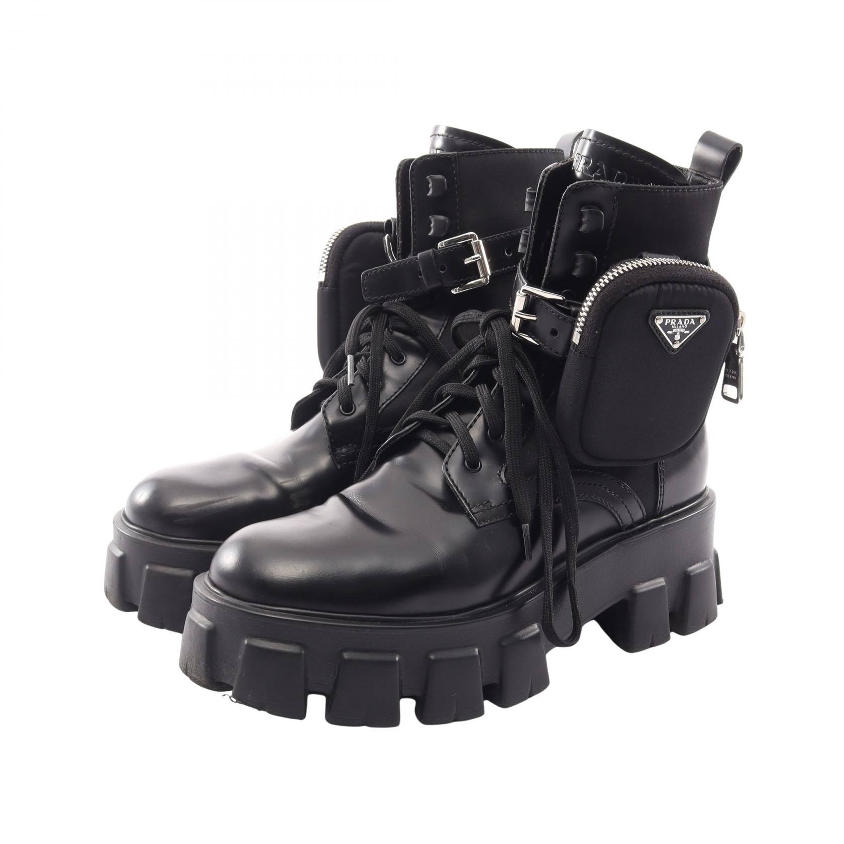 プラダ PRADA Re-Nylon モノリス ブーツ 靴 レザー ナイロン レディース ブラック系 2UE007 【中古】