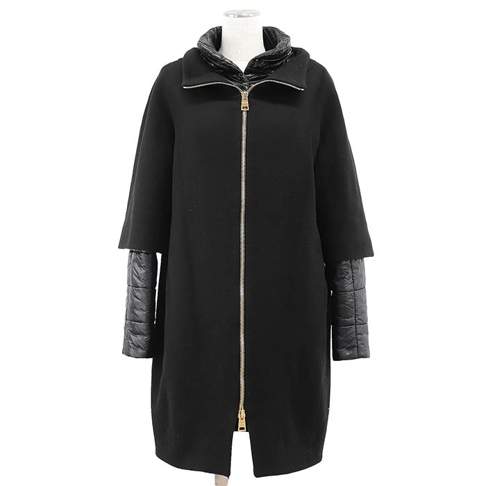 Herno ヘルノ ウールコート ダウンライニング ドッキング ハーフスリーブ ロゴ メタルチャーム スタンドカラー ダウンジャケット アウター レディース サイズ 42 ブラック ダークネイビー 黒 濃紺 イタリア製