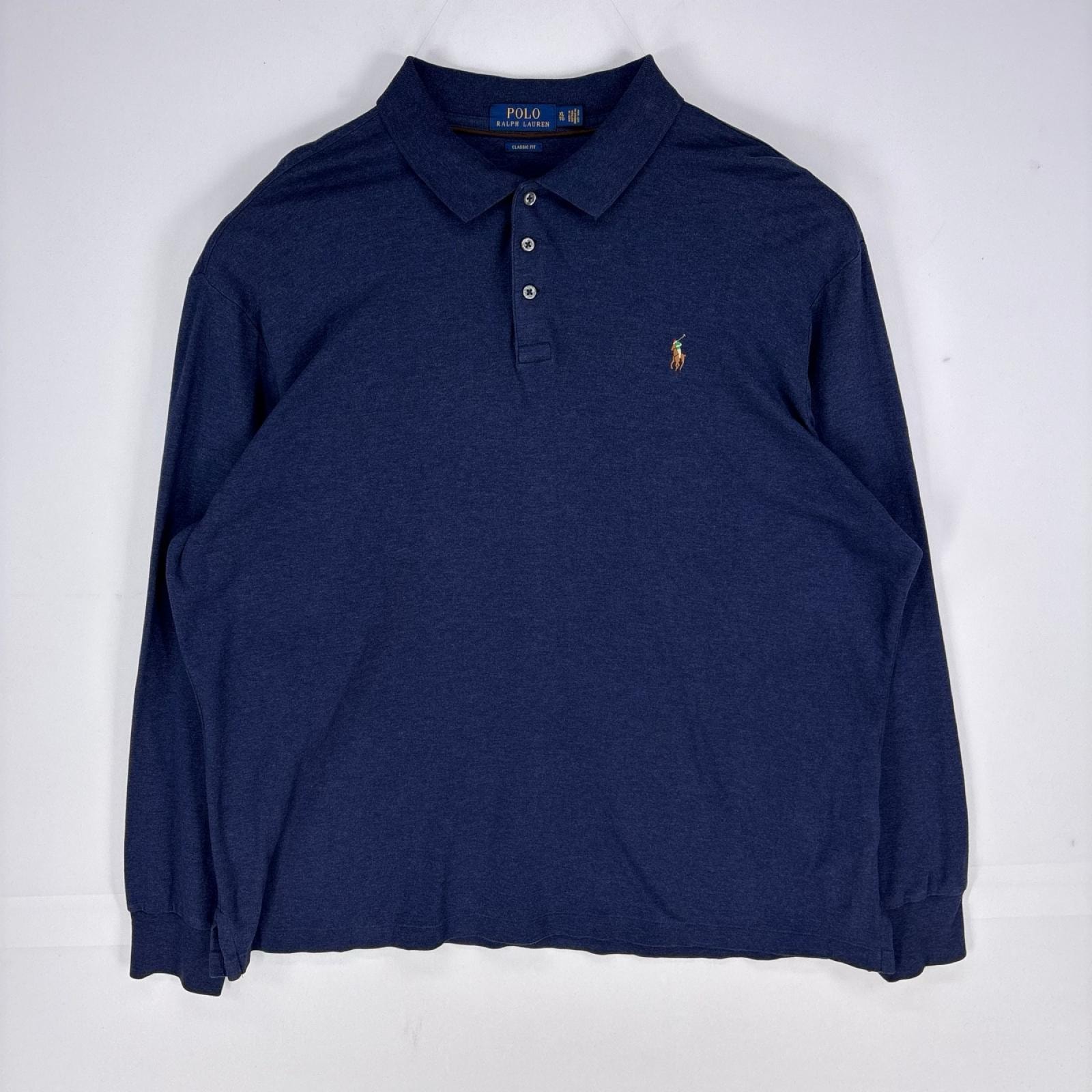古着 ポロ・ラルフローレン POLO RALPH LAUREN 長袖シャツ ワンポイント 3ボタン ポロシャツ ロゴ刺繍 XL ネイビー系 メンズ
