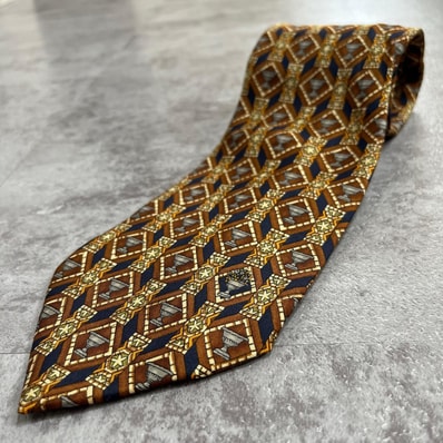 【Dunhill】ダンヒル 花器 花瓶柄 ネクタイ 壺モチーフ 星 スター スクエア 格子模様 幾何学柄 総柄 織り模様 ブラウン ネイビー メンズ