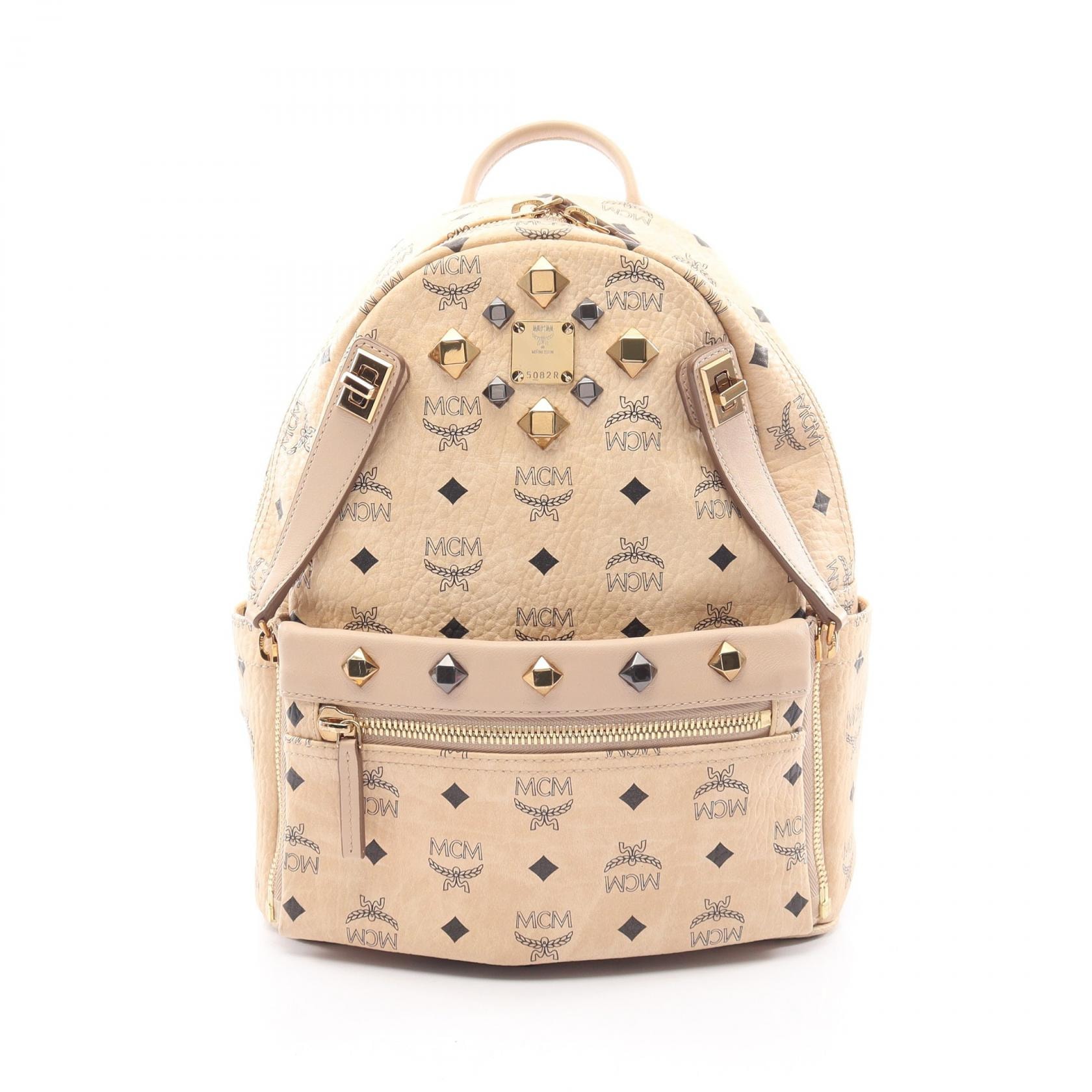 エム・シー・エム MCM STARK スターク ヴィセトス スタッズ リュックサック バックパック バッグ PVCコーティングキャンバス レザー レディース ベージュ系 【中古】