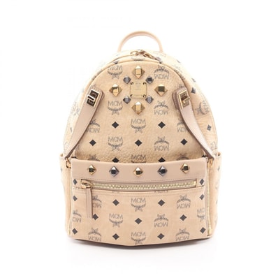 エム・シー・エム MCM STARK スターク ヴィセトス スタッズ リュックサック バックパック バッグ PVCコーティングキャンバス レザー レディース ベージュ系 【中古】