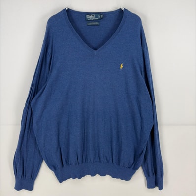 古着 ポロ・ラルフローレン POLO RALPH LAUREN ニット セーター 刺繍 Vネック ポニー コットン ワンポイント 2XL ブルー系 無地 メンズ