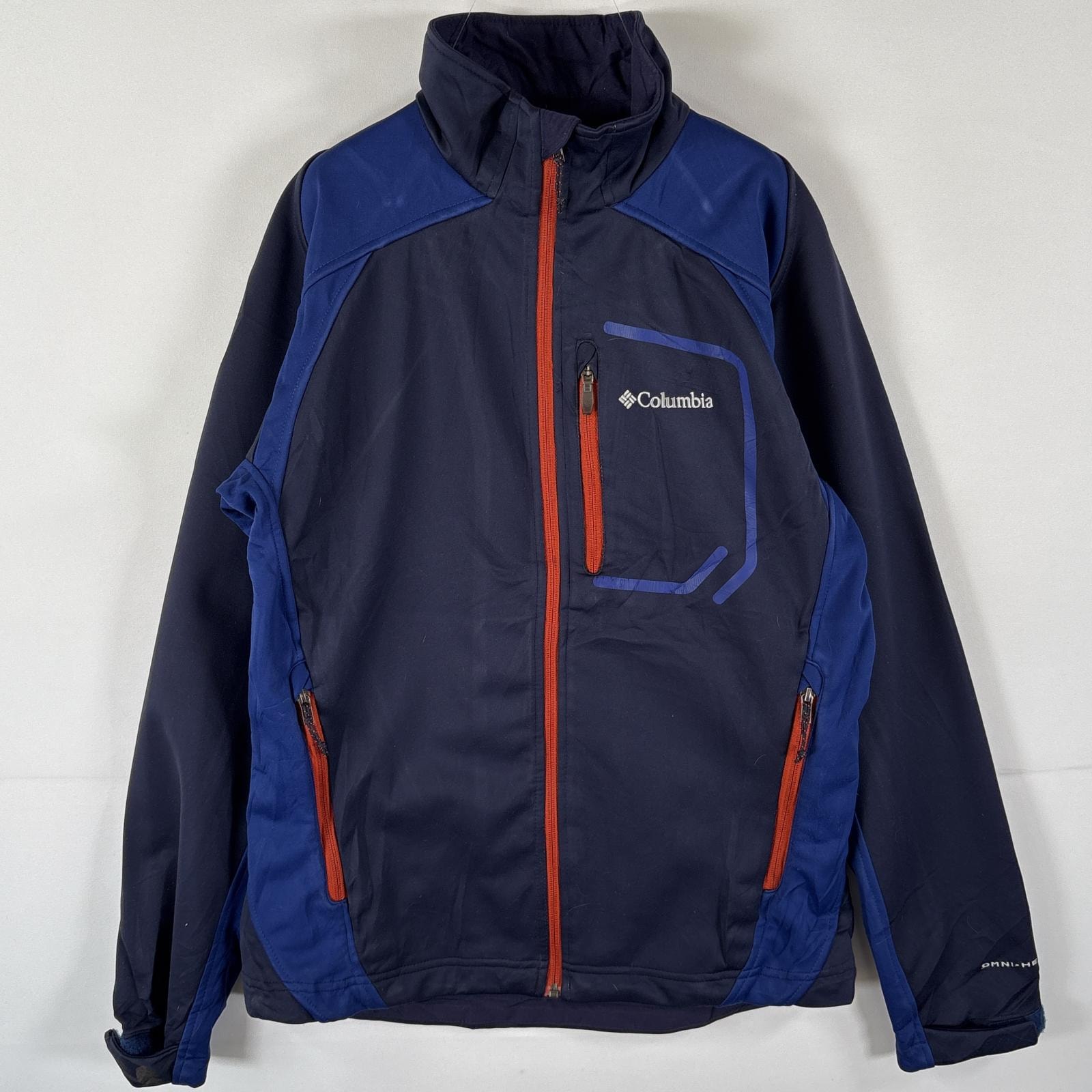 古着 コロンビア Columbia ソフトシェルジャケット アウトドア ワンポイントロゴ フルジップ ドローコード M ネイビー メンズ