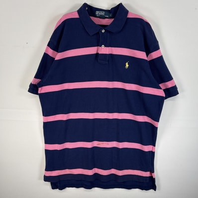 古着 ポロバイラルフローレン Polo by Ralph Lauren 鹿の子 半袖 ポロシャツ ロゴ 刺繍 2ボタン L ネイビー系 ボーダー メンズ