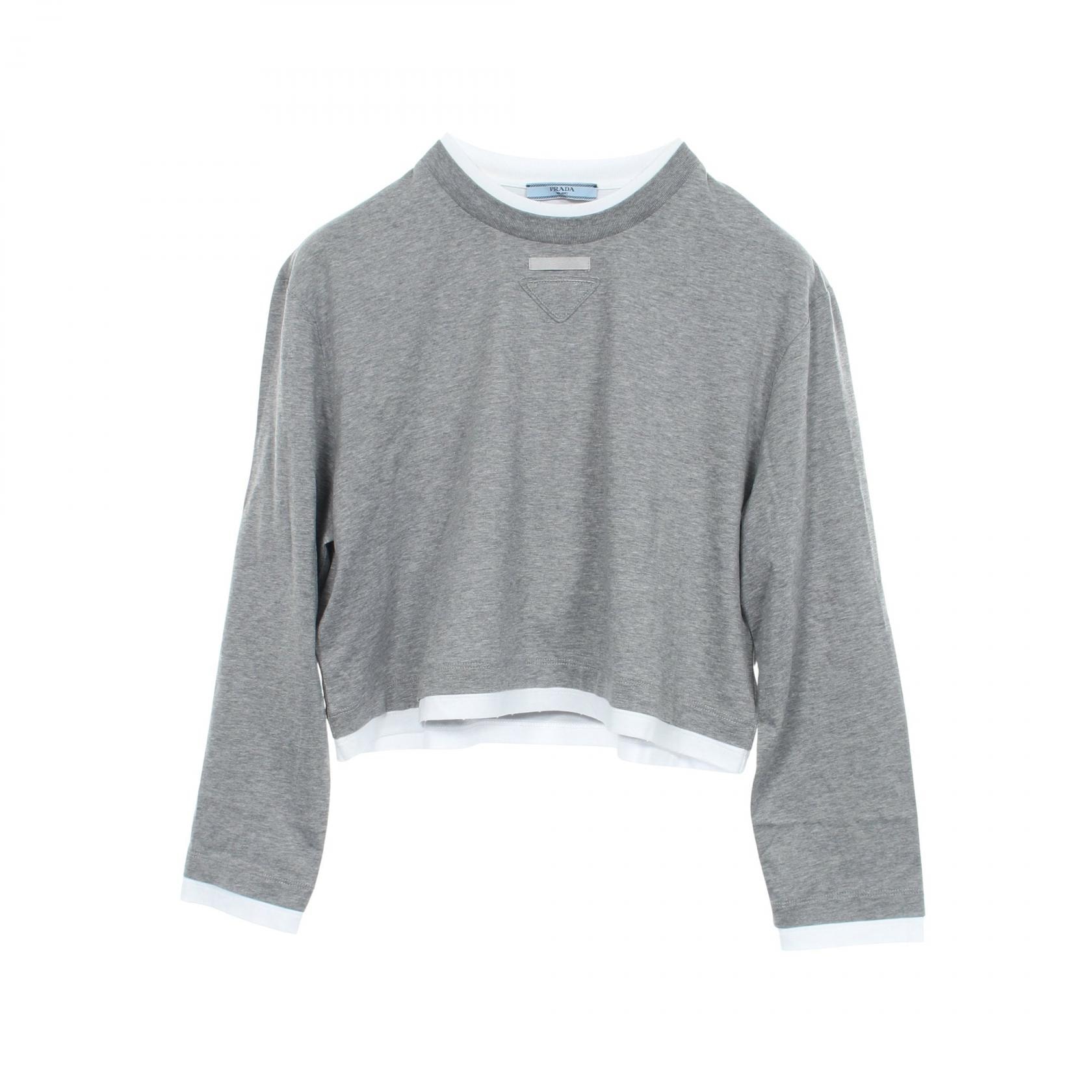 プラダ PRADA トライアングル 長袖Tシャツ 衣料品 トップス コットン レディース グレー系 / ホワイト系 【中古】