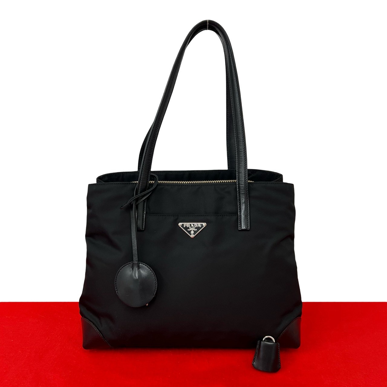 PRADA プラダ 三角ロゴ 金具 ナイロン レザー トートバッグ ブラック
 25245