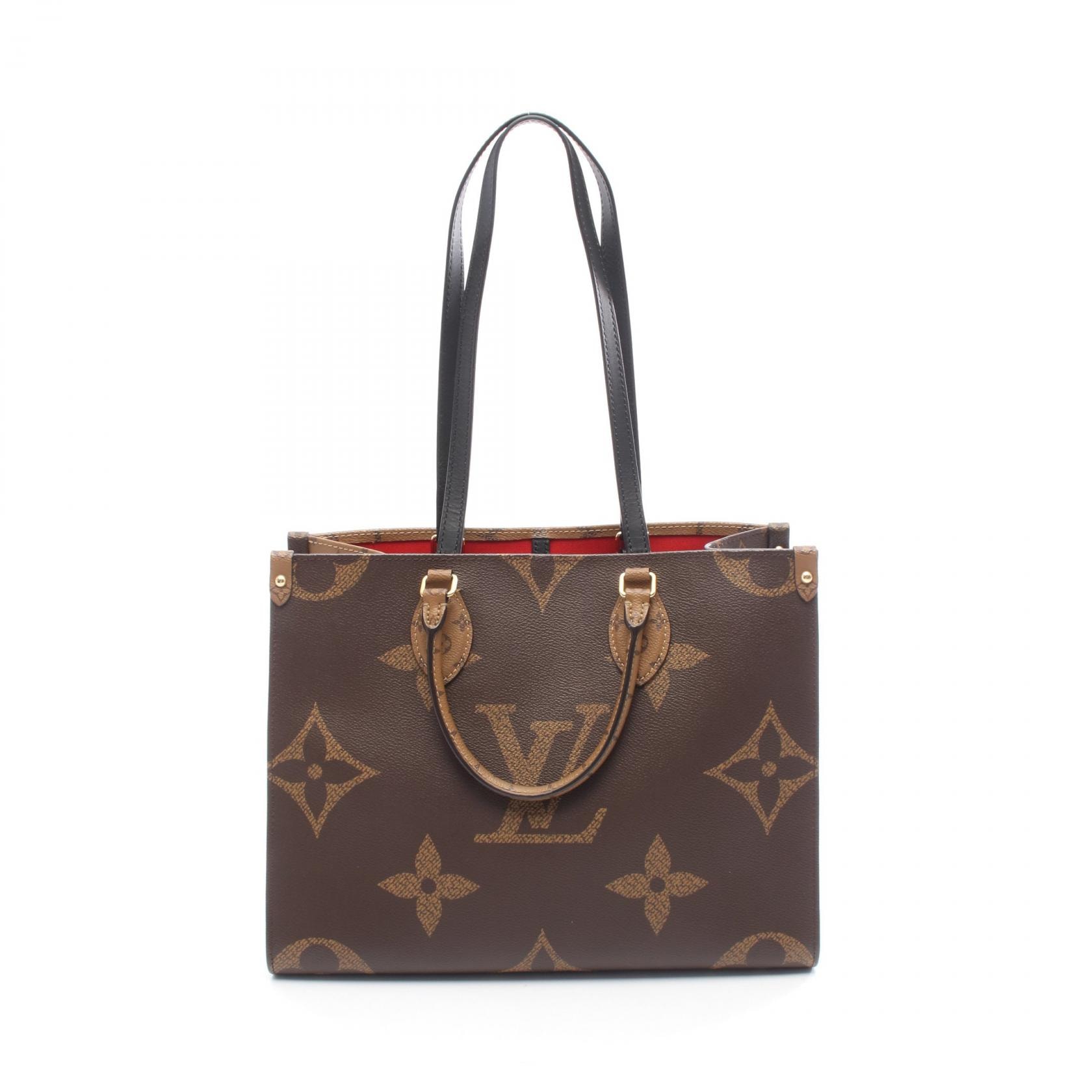 ルイ・ヴィトン LOUIS VUITTON オンザゴーMM トートバッグ バッグ PVCコーティングキャンバス レザー モノグラム・ジャイアント リバース モノグラム・ジャイアント ベージュ レディース ブラウン系 / ベージュ系 M45321 【中古】