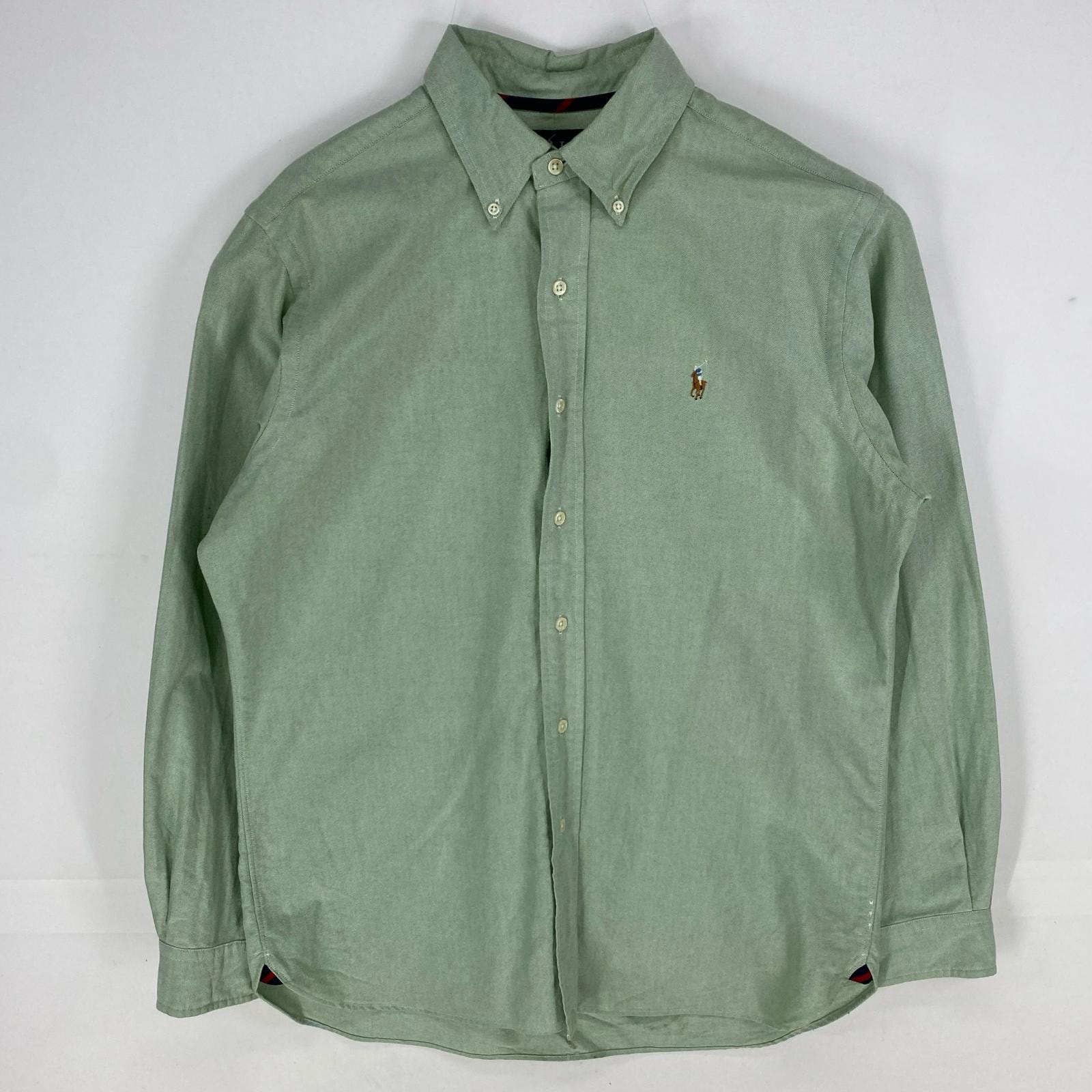 古着 90's/90年代 ラルフローレン RALPH LAUREN 半袖シャツ ボタンダウン ワンポイントロゴ ロングスリーブ M グリーン系 メンズ