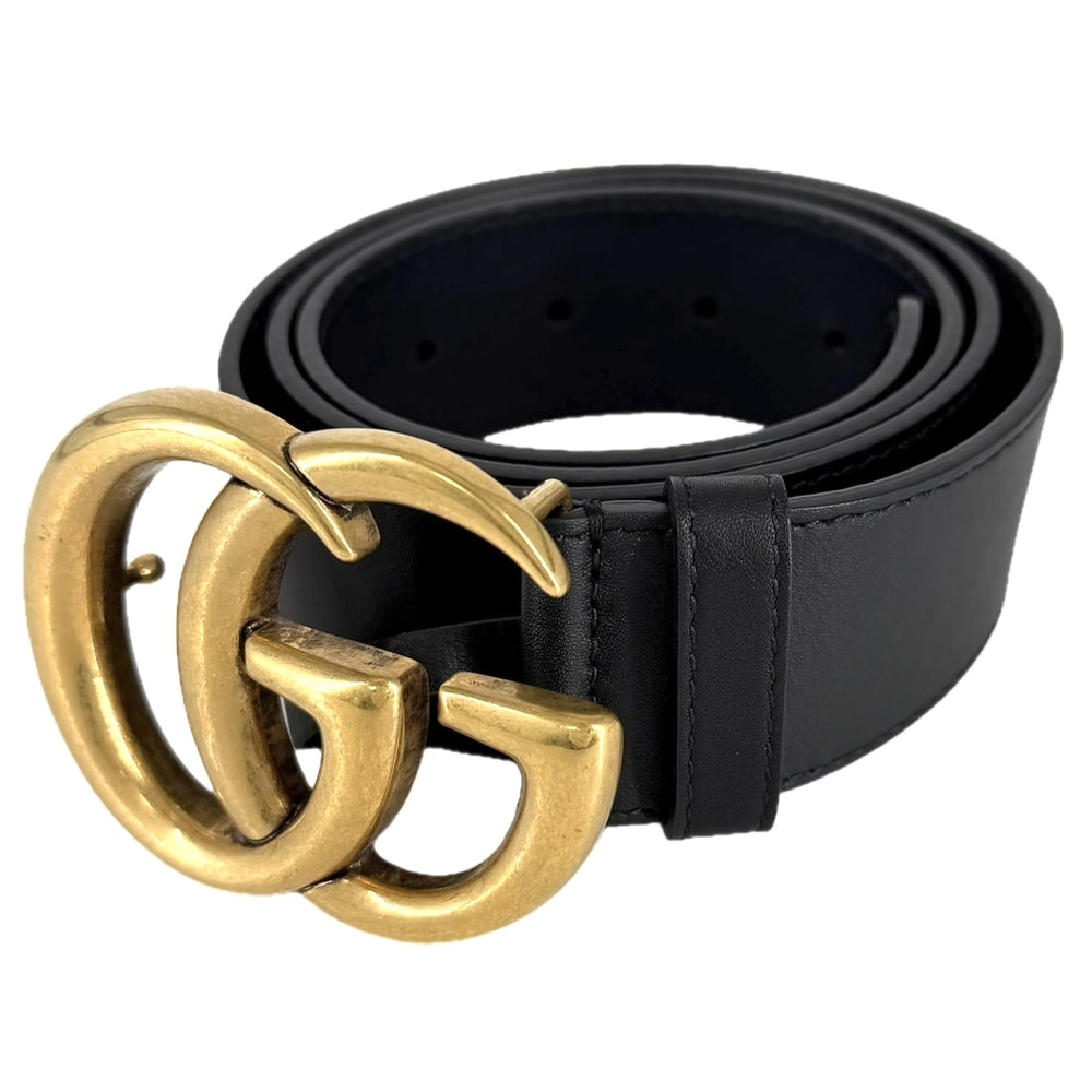 GUCCI グッチ ベルト GGエンブレム ワイドベルト GGマーモント ファッションアイテム 小物 メンズ レディース 400593 レザー    ブラック 黒 アンティークゴールド金具 ユニセックス【中古品】