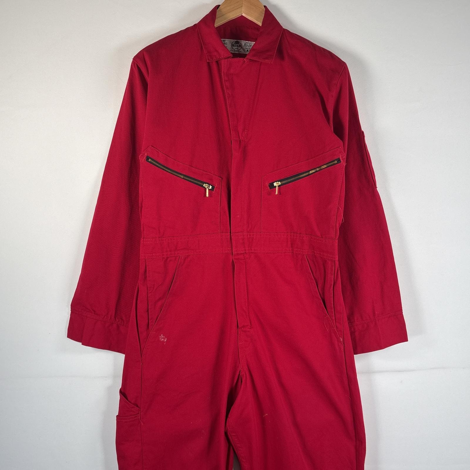 古着 レッドキャップ RED KAP 長袖つなぎ オールインワン ワーク 作業着  サイドポケット ジップアップ 38 RG  レッド 無地 メンズ