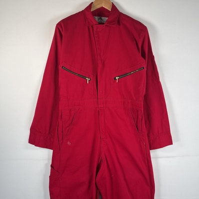 古着 レッドキャップ RED KAP 長袖つなぎ オールインワン ワーク 作業着 サイドポケット ジップアップ 38 RG レッド 無地 メンズ