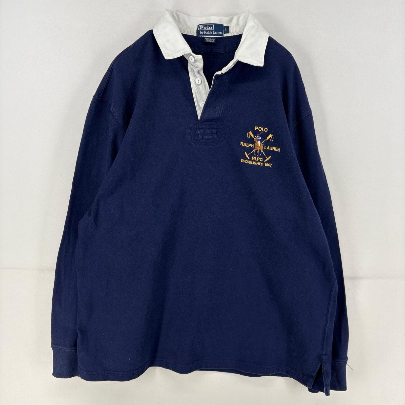 古着 ポロバイラルフローレン Polo by Ralph Lauren 長袖シャツ ロゴ 刺繍 ラガーシャツ ラグビー L ネイビー メンズ