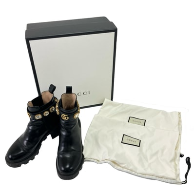 GUCCI グッチ サイドゴアブーツ レザー クリスタルベルト付 36 ブラック