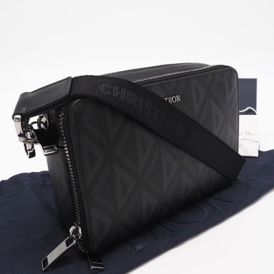 極美品 Dior ディオール CDダイヤモンド メッセンジャー ポーチ 2ESBC119 ショルダーバッグ ブラック グレー コーティングキャンバス レザー レディース