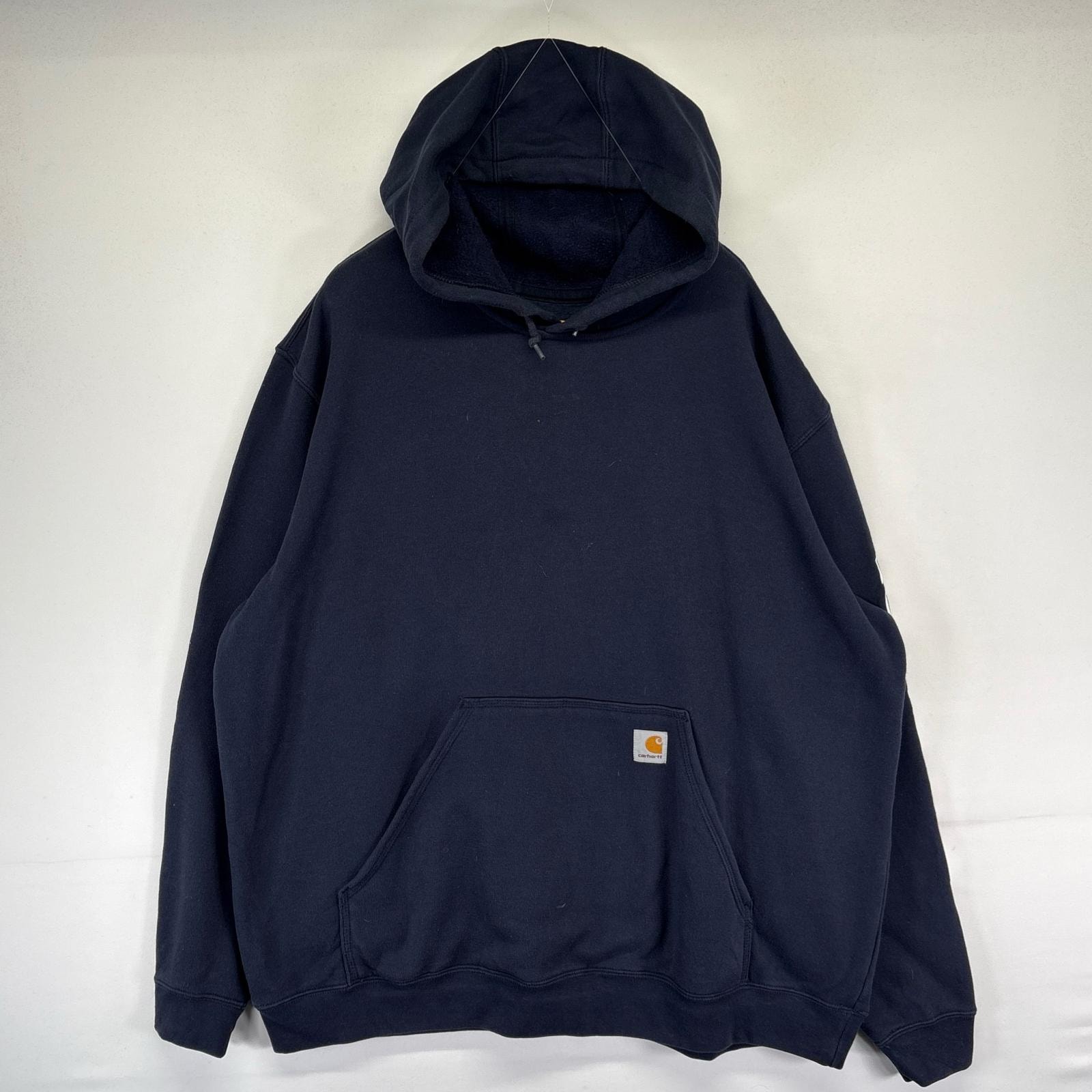 古着 カーハート Carhartt パーカー プルオーバー ワンポイントロゴ 大きいサイズ オリジナルフィット 2XL  ネイビー系 メンズ