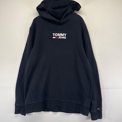 古着 トミーヒルフィガー TOMMY HILFIGER パーカー プルオーバー プリントロゴ スウェット ワンポイントロゴ L ブラック系 メンズ