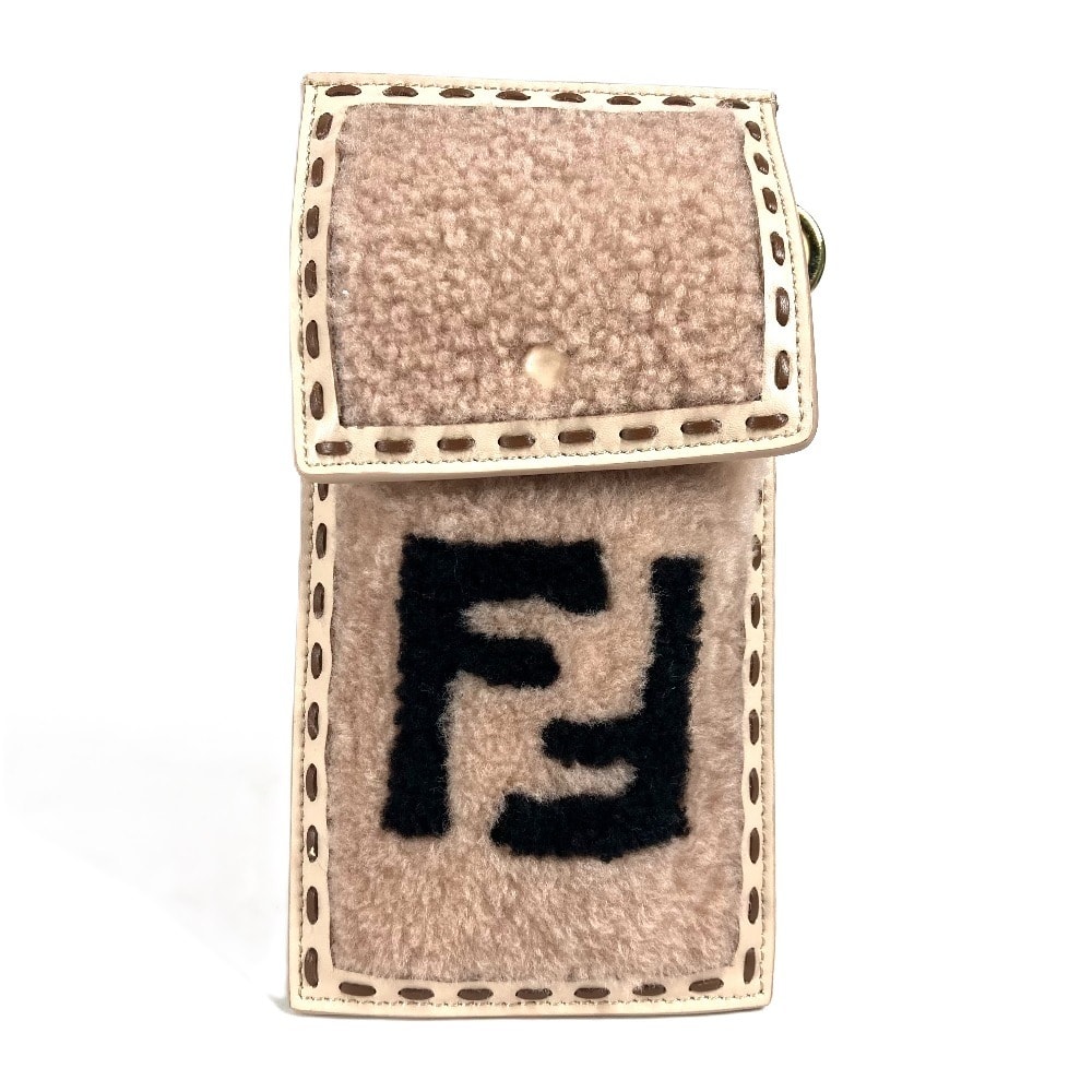 フェンディ FENDI フォンポーチ 7AS047 スマホケース カバン FF ロゴ ファー チャーム ポーチ ファー ベージュ 美品