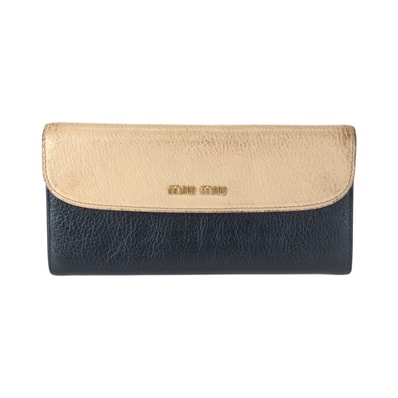 MIUMIU ミュウミュウ バイカラー ベージュ ブラック ゴールド金具 レザー 長財布 ロングウォレット 601068 【中古】