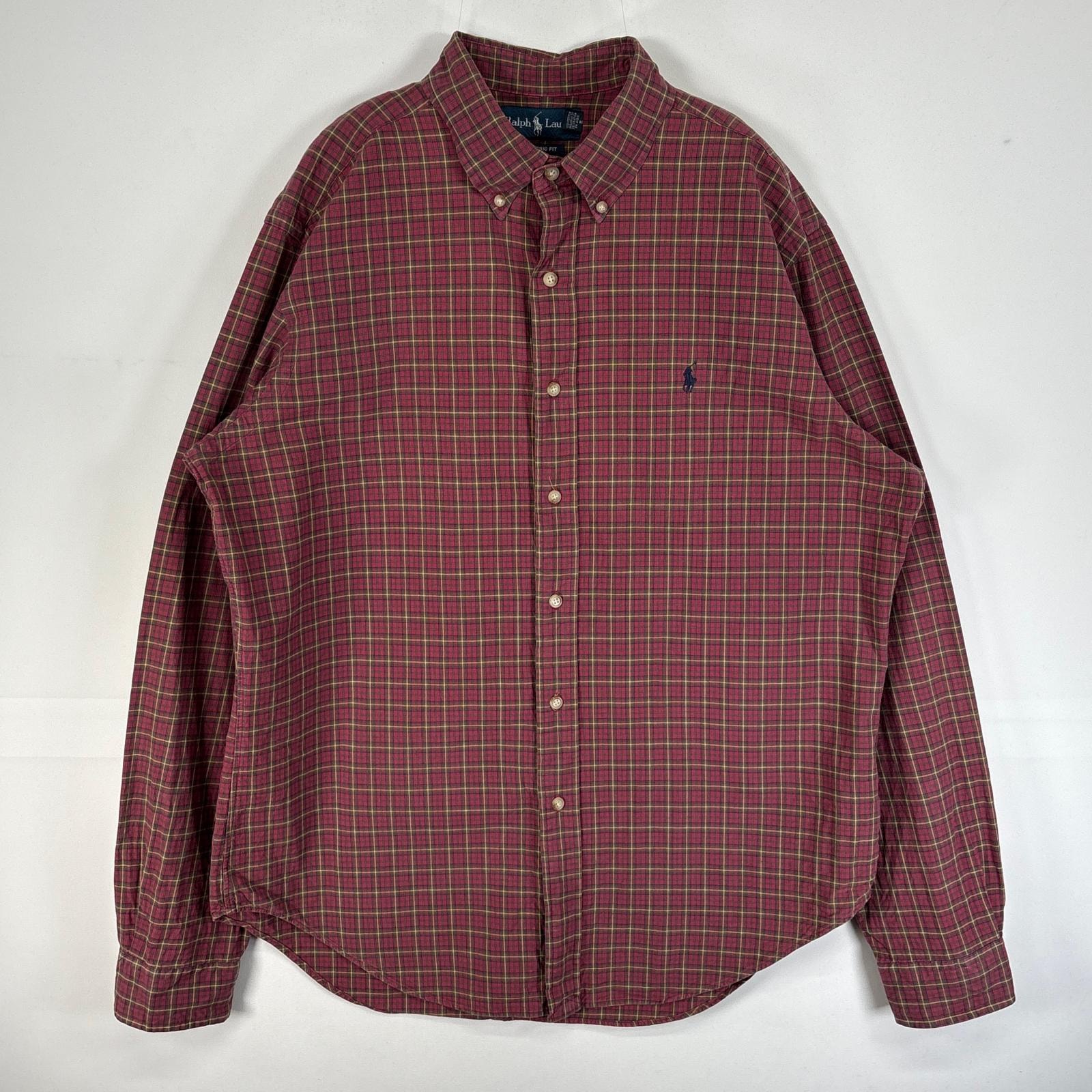 古着 ラルフローレン RALPH LAUREN 長袖シャツ ロゴ 刺繍 チェック ボタンダウン L  レッド系 マルチカラー メンズ