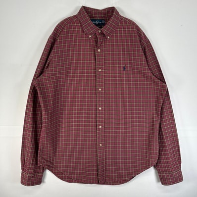 古着 ラルフローレン RALPH LAUREN 長袖シャツ ロゴ 刺繍 チェック ボタンダウン L レッド系 マルチカラー メンズ