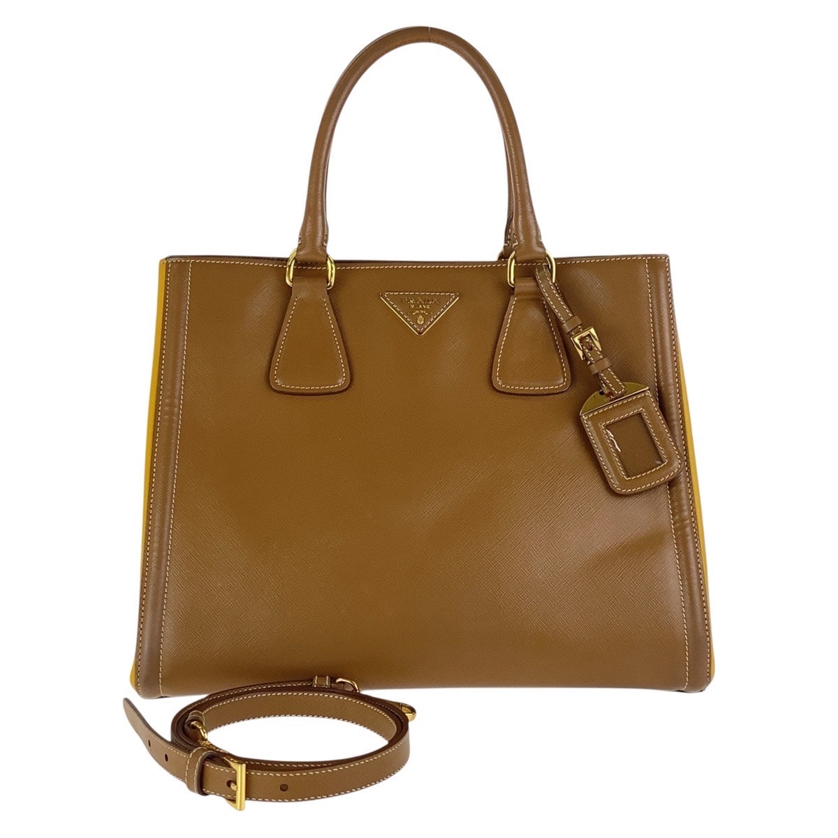PRADA プラダ サフィアーノ 三角ロゴプレート バイカラー ブラウン イエロー ゴールド金具 レザー トートバッグ ショルダーバッグ 2WAY 501948 【中古】