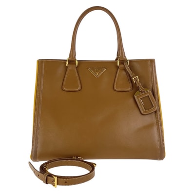 PRADA プラダ サフィアーノ 三角ロゴプレート バイカラー ブラウン イエロー ゴールド金具 レザー トートバッグ ショルダーバッグ 2WAY 501948 【中古】