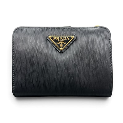 PRADA 極美品 プラダ VITELLO MOVE TR ヴィッテロムーブ 二つ折り財布 1ML018 ICチップ確認済 レザー ブラック コンパクトウォレット トライアングルロゴ 三角プレート 箱付属 プレゼント Aランク 中古 鑑定済 プラダ財布