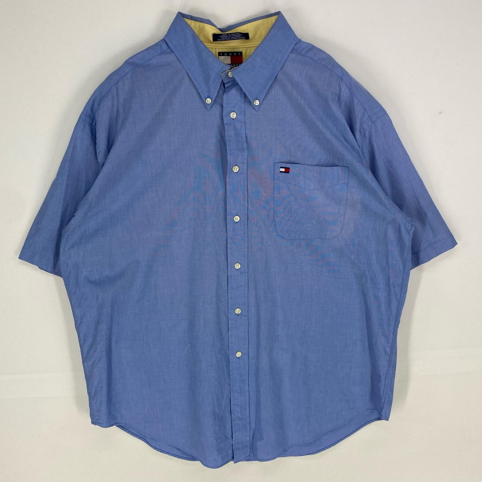 古着 90's/90年代 トミーヒルフィガー TOMMY HILFIGER 半袖シャツ 胸ポケット ワンポイント ロゴ刺繍 XL  ブルー系 メンズ