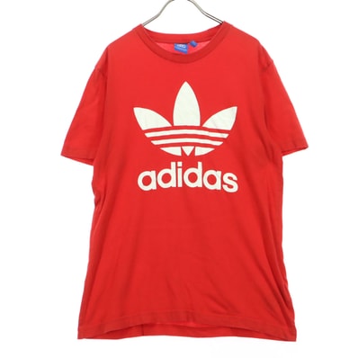 adidas アディダス コットン フロントプリント 半袖 Tシャツ L レッド トレフォイルロゴ