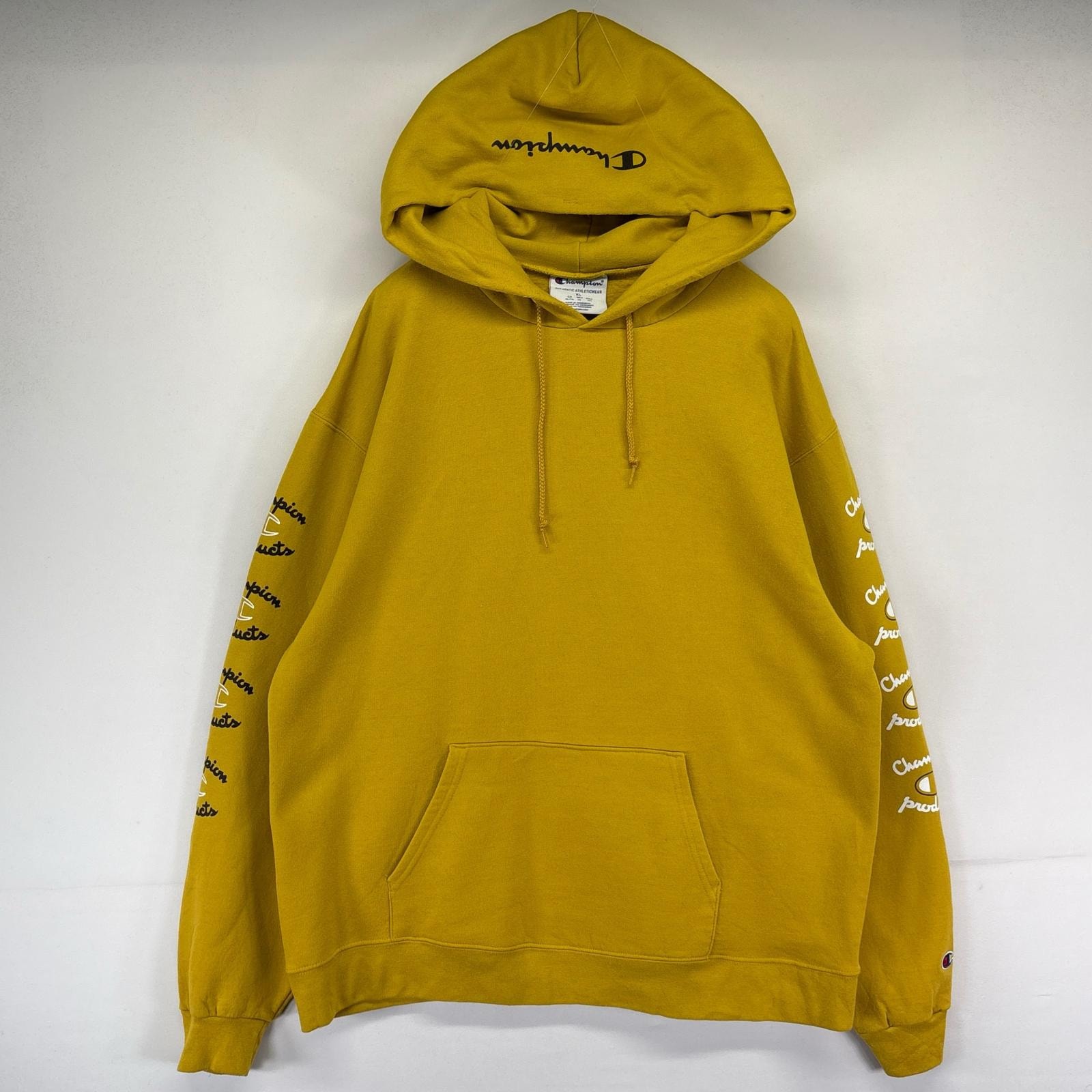 古着 チャンピオン Champion パーカー プルオーバー スリーブプリントロゴ フーディー スウェット 大きいサイズ XL  イエロー系 メンズ