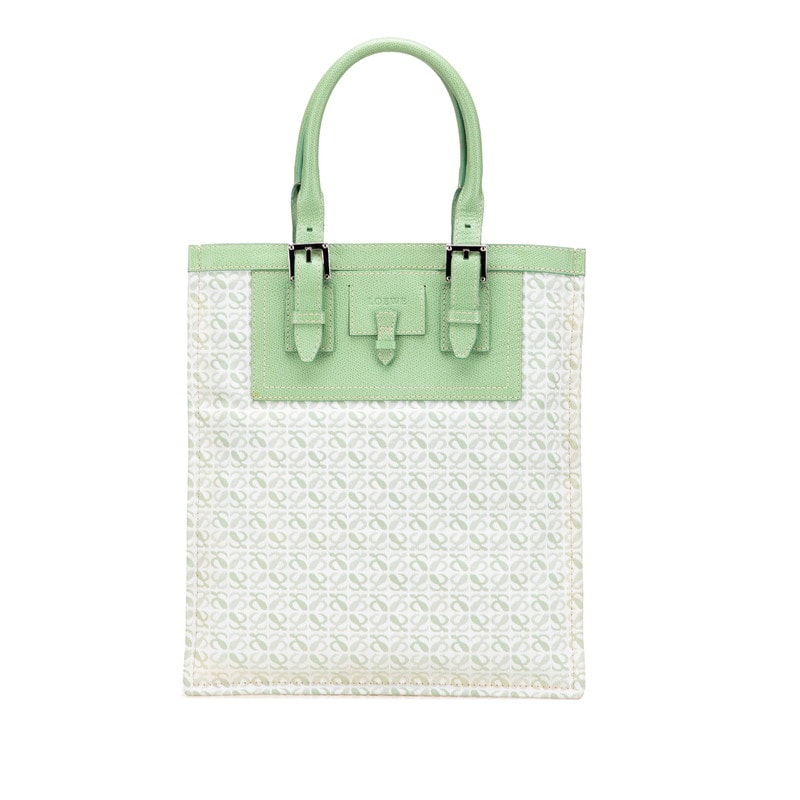 ロエベ リピートアナグラム トートバッグ ハンドバッグ グリーン キャンバス レザー レディース LOEWE 【中古】